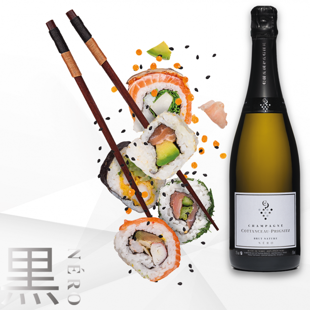 Champagne COTTANCEAU-PRIGNITZ BRUT Nature NERO, Blanc de Noirs, 100 Pinot Noir, sushis